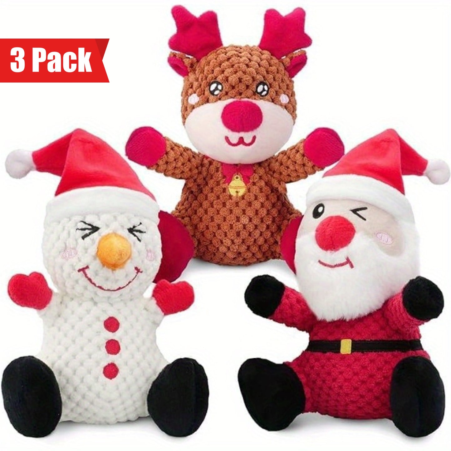 Santa Claus Moose Snowman Plush Dog Chew Toys Pack