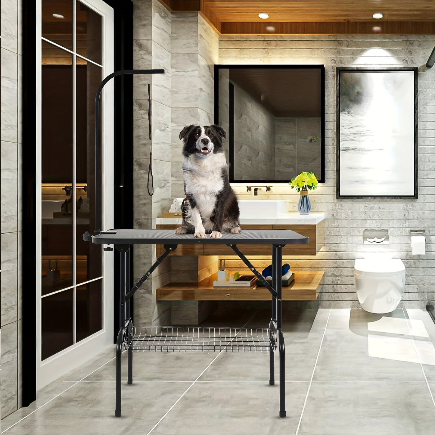 Dog Grooming Table Home Pet Bath Trimming Table Height Adjustable Foldable Portable Waterproof Rustproof Removable Ring
