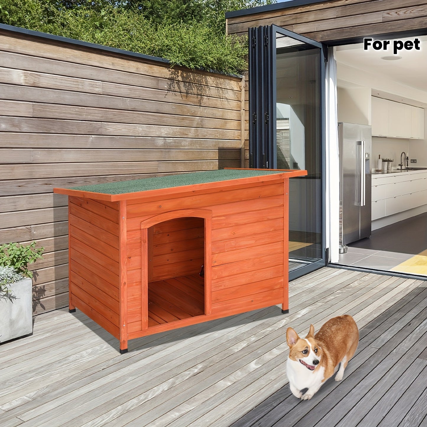 Waterproof Wooden Dog House with Hinged Roof and Raised Floor