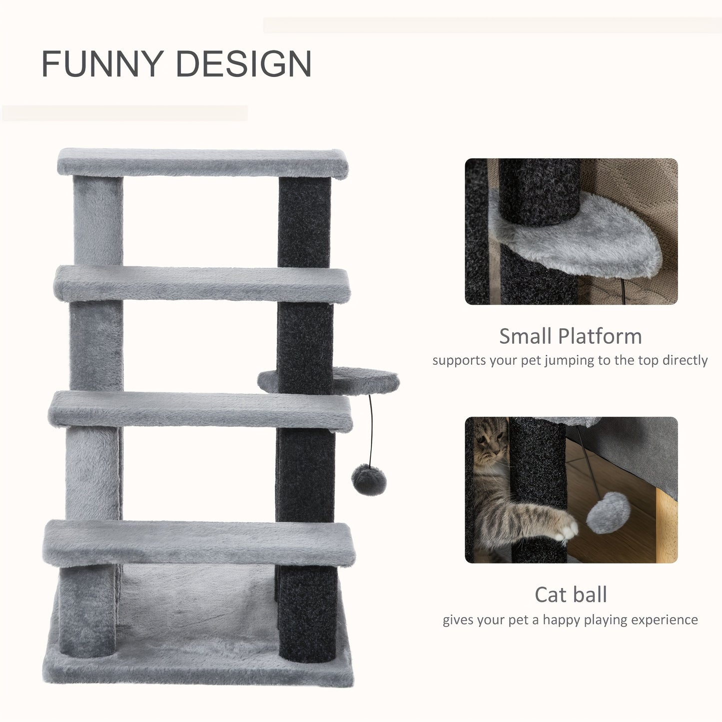PawHut 4-Level Cat Stair Ladder With Play Ball Light Grey