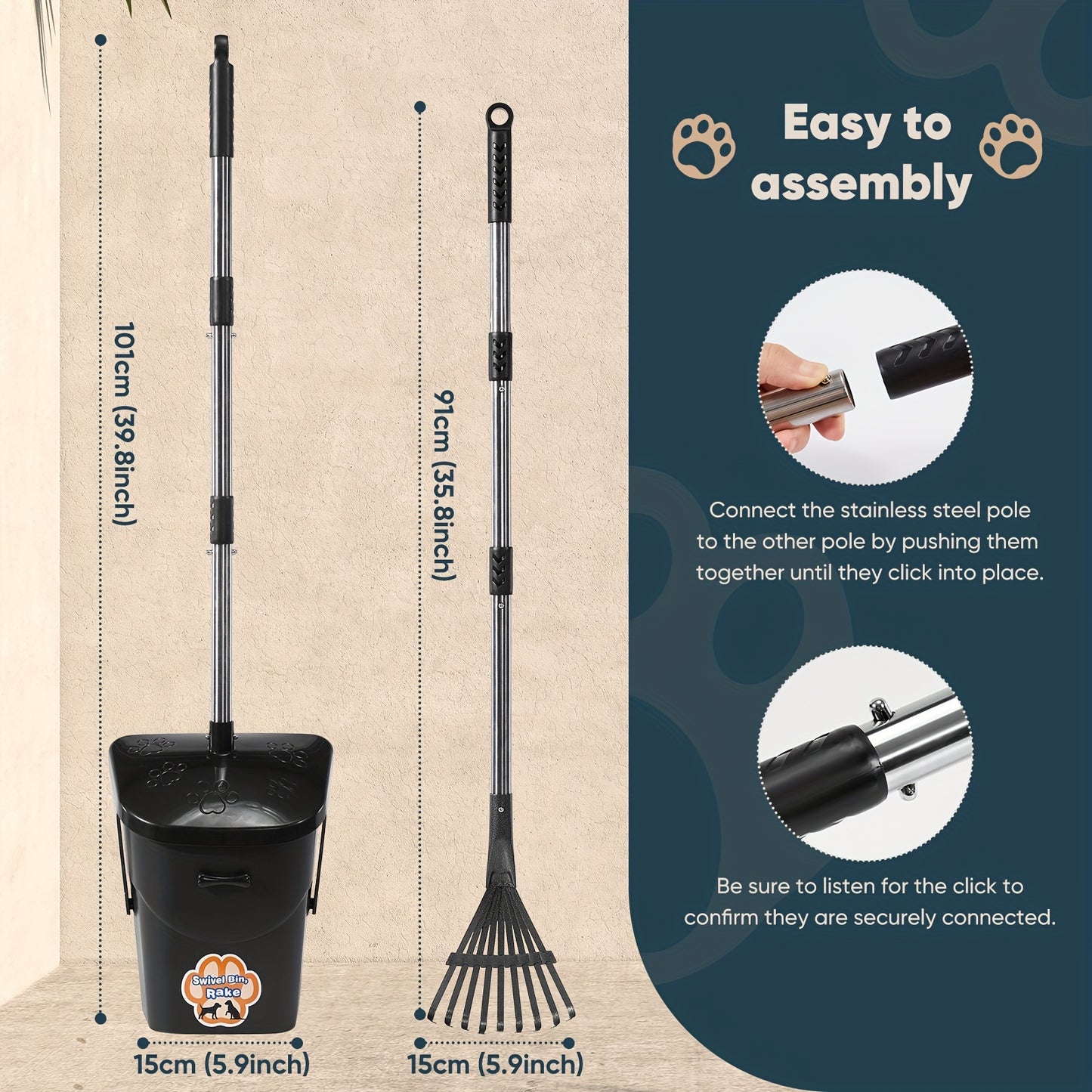 Rotating Dog Poop Picker Kit with Rake and Waste Bags