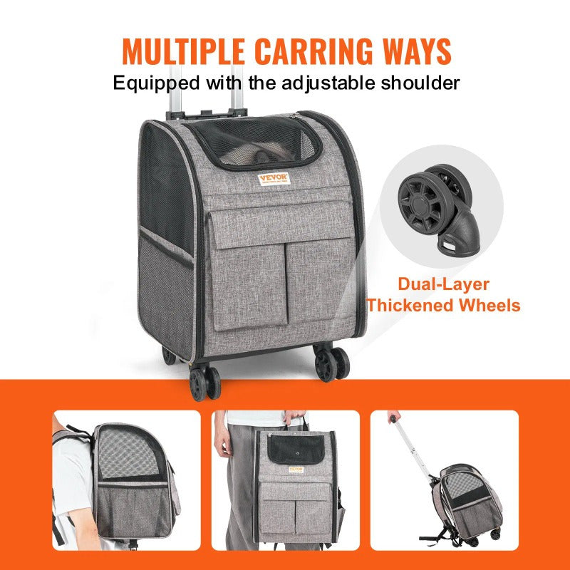 VEVOR Rolling Pet Carrier Backpack for Travel with Removable Wheels