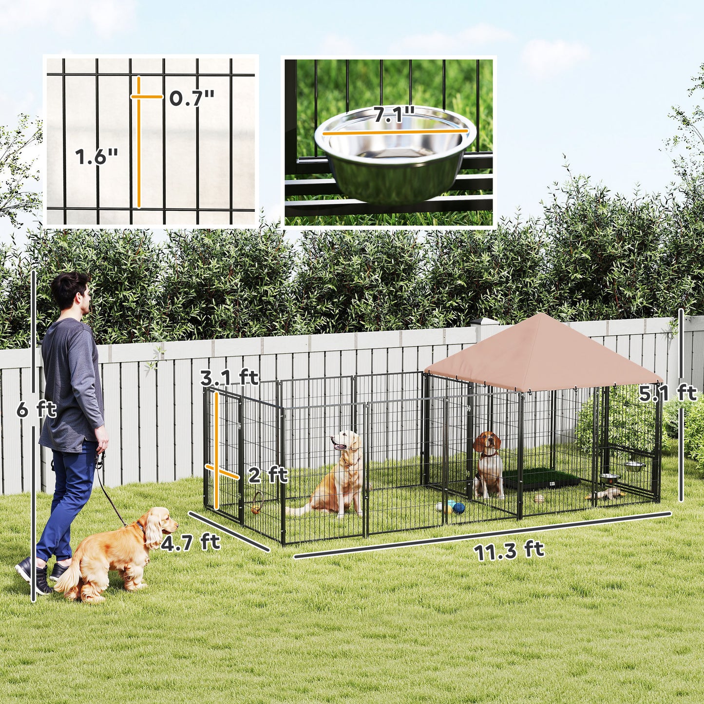 Large Outdoor Dog Kennel with Adjustable Bowls and Canopy