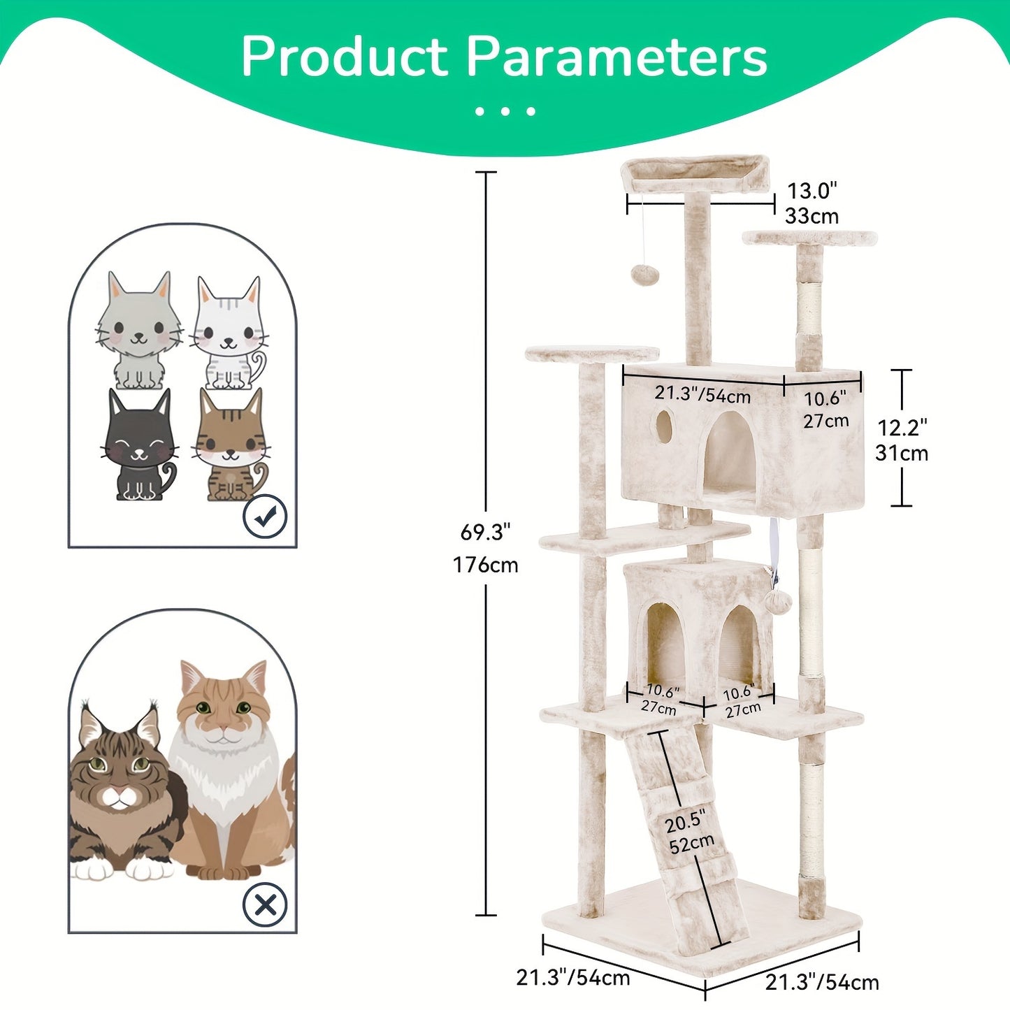 Multi-Level Cat Tree Tower 54/70 Durable Plywood Space Saving