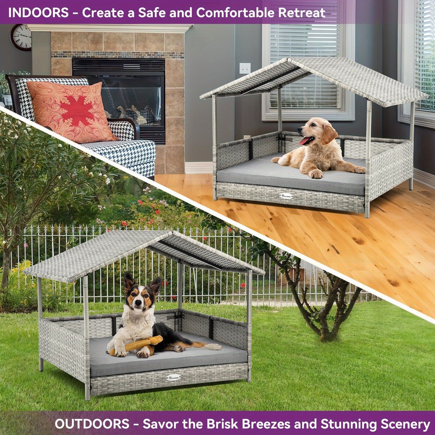 Large Wicker Dog House with Cushion Outdoor Indoor Rattan