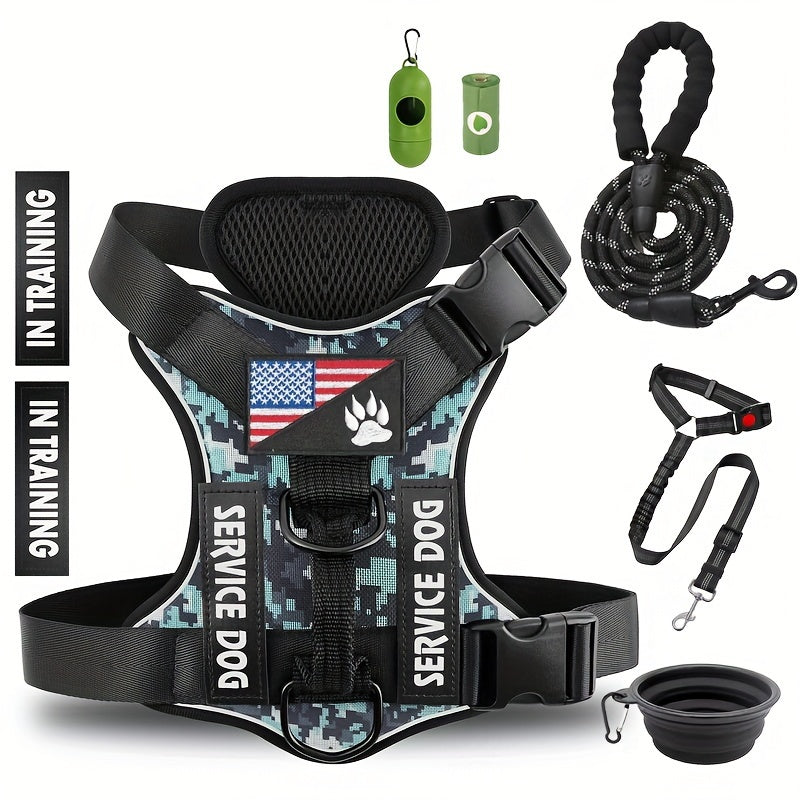 Adjustable Dog Harness Set With Patches Leash And Accessories