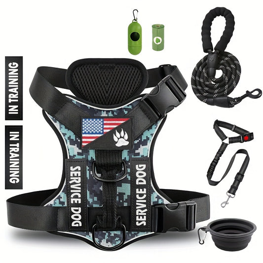 Adjustable Dog Harness Set With Patches Leash And Accessories
