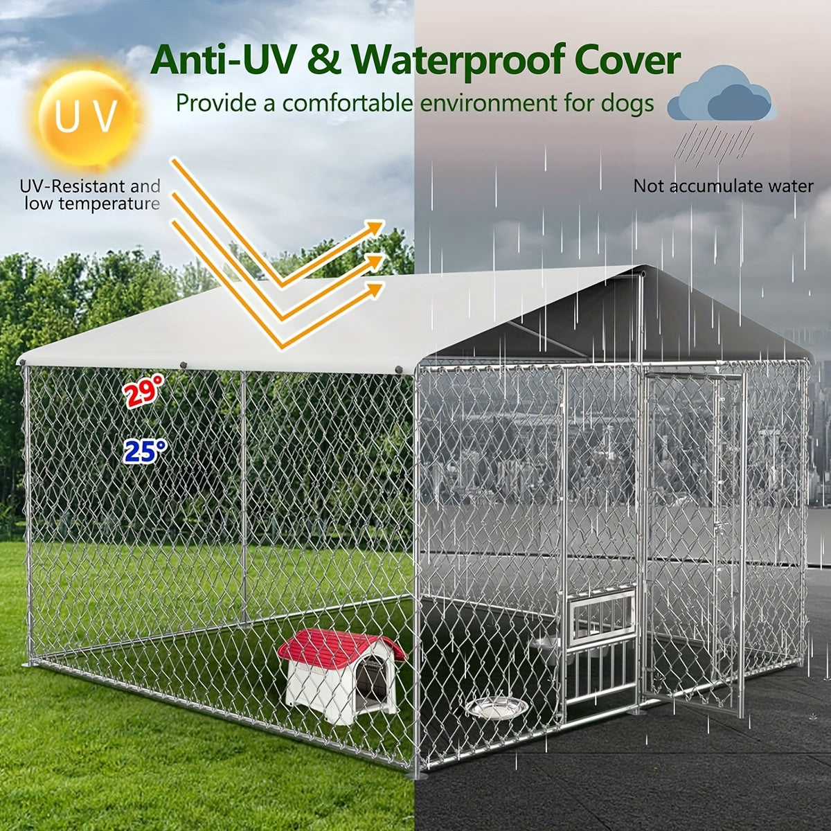 Durable Outdoor Dog Kennel with UV-Resistant Roof and Feeding Bowls
