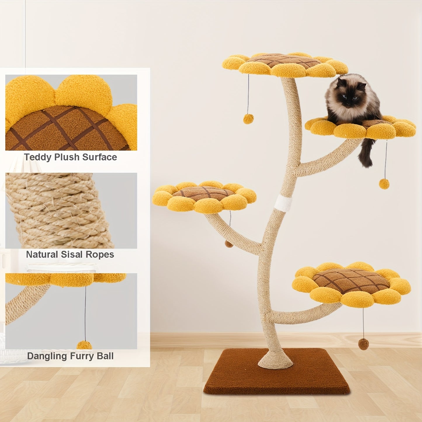 55.9" Tall Sunflower Cat Tower for Large Cats and Play