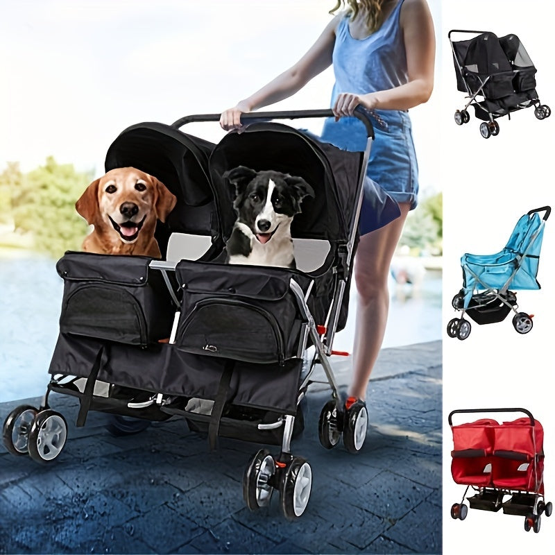 Folding 4-Wheel Double Pet Stroller - Twin Carrier Pushchair