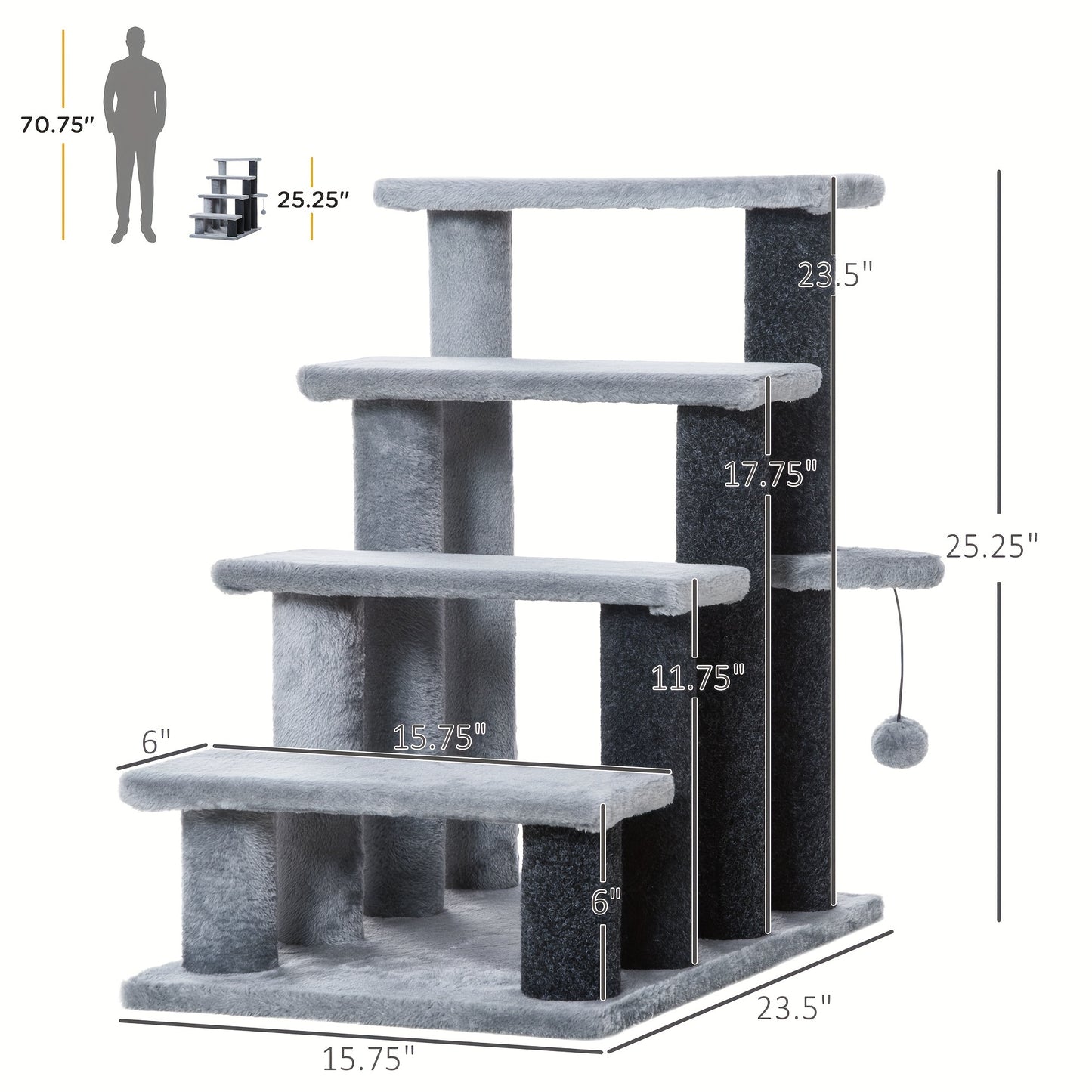 PawHut 4-Level Cat Stair Ladder With Play Ball Light Grey