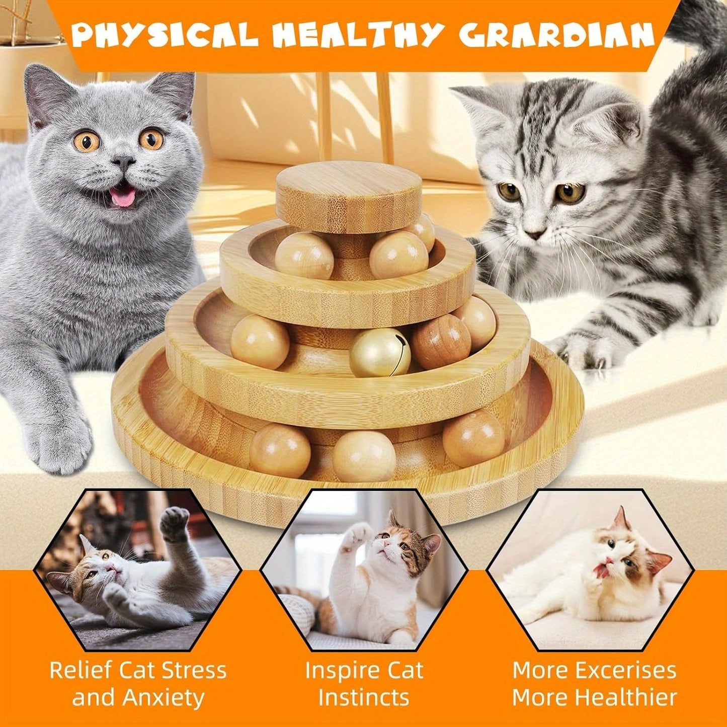 1pc Natural Bamboo Wood Cat Ball Track Rolling Toy Medium Size