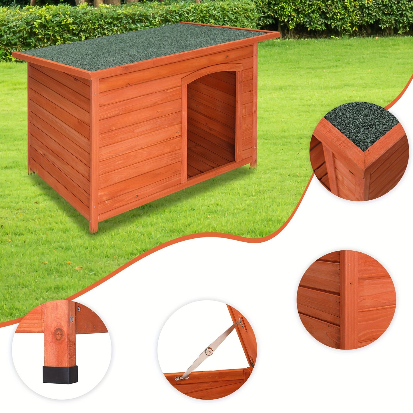 Waterproof Wooden Dog House with Hinged Roof and Raised Floor