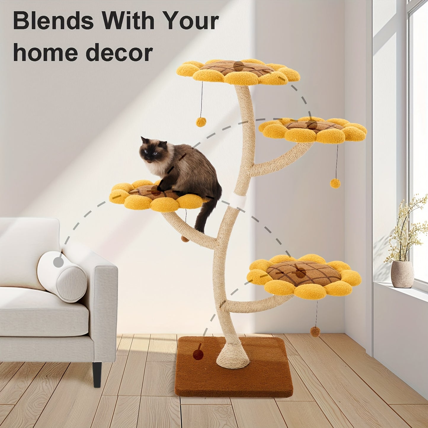 55.9" Tall Sunflower Cat Tower for Large Cats and Play