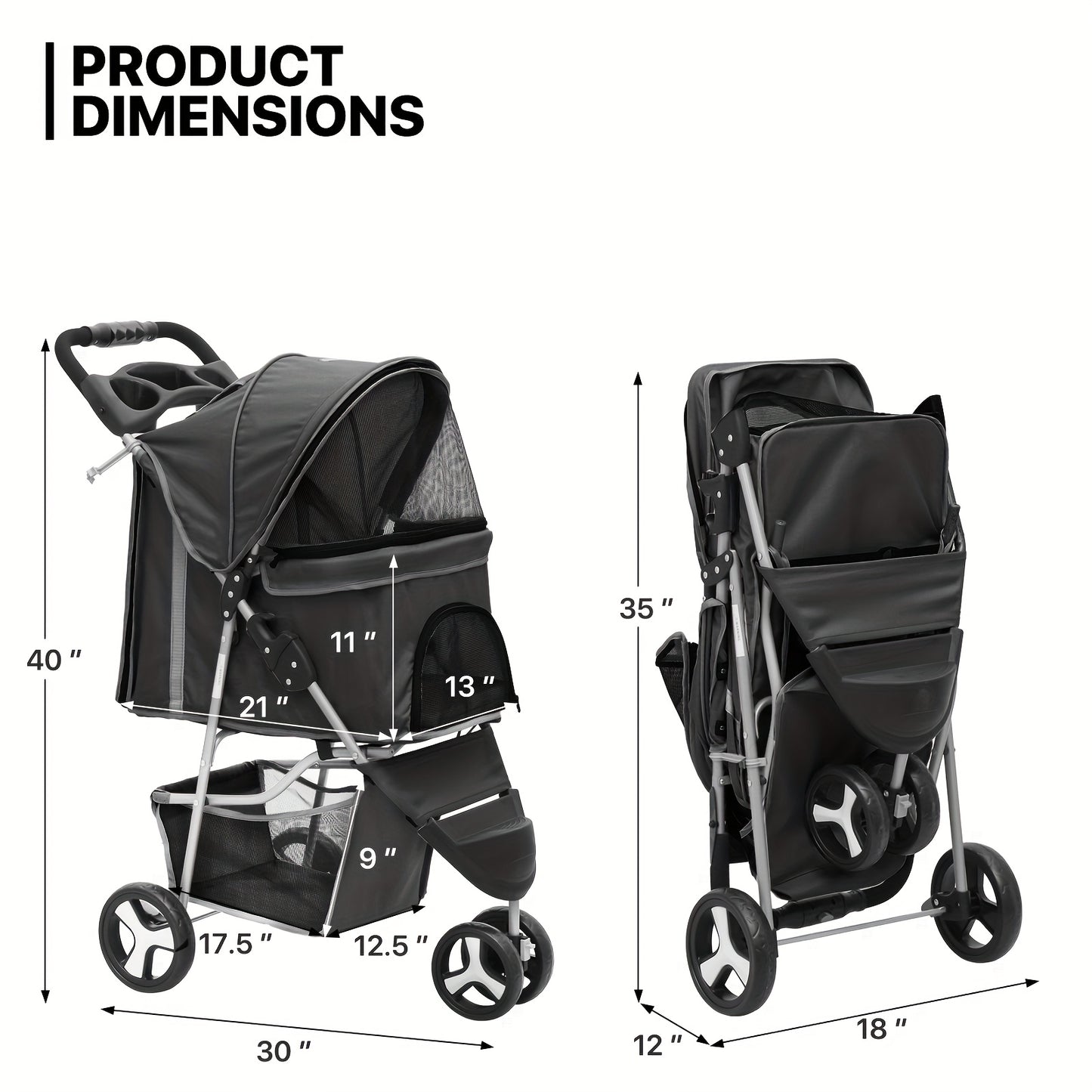 MoNiBloom 3-Wheel Folding Dog Stroller with Convenient Storage