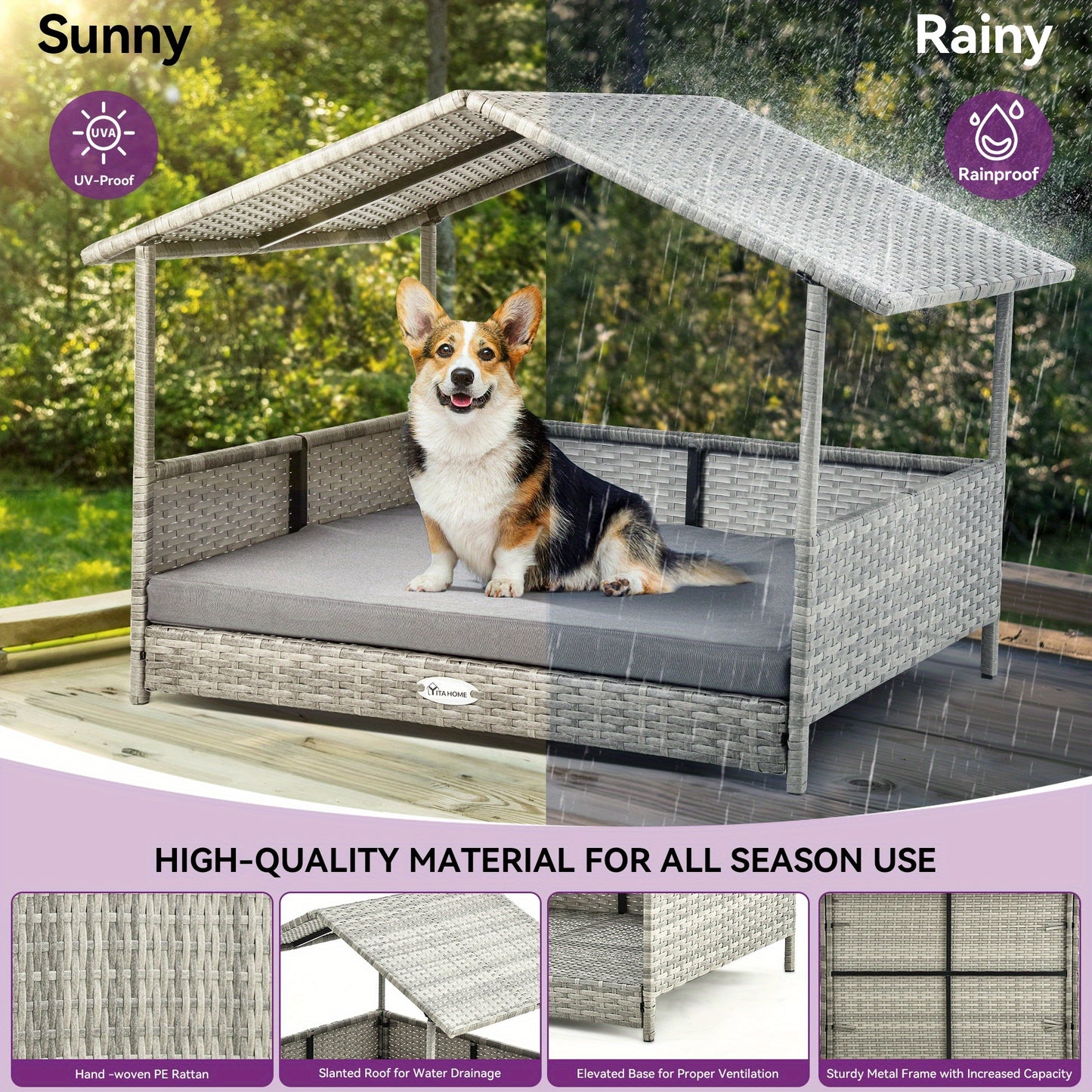 Large Wicker Dog House with Cushion Outdoor Indoor Rattan