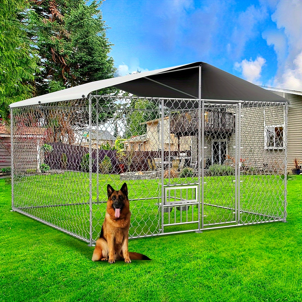 Durable Outdoor Dog Kennel with UV-Resistant Roof and Feeding Bowls