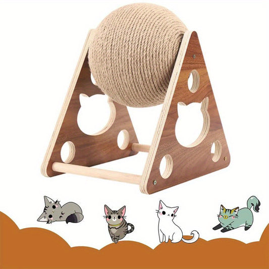 Cat Scratching Ball Toy Natural Sisal Rope & Solid Wood Frame