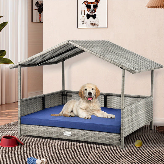 Large Wicker Dog House with Cushion Outdoor Indoor Rattan