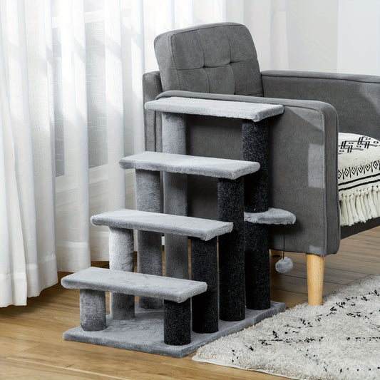 PawHut 4-Level Cat Stair Ladder With Play Ball Light Grey