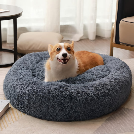 Plush Round Pet Bed - Warm Velvet Non-Slip Donut Bed
