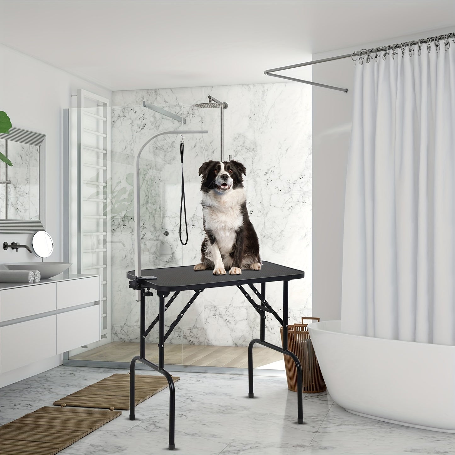 Dog Grooming Table Home Pet Bath Trimming Table Height Adjustable Foldable Portable Waterproof Rustproof Removable Ring