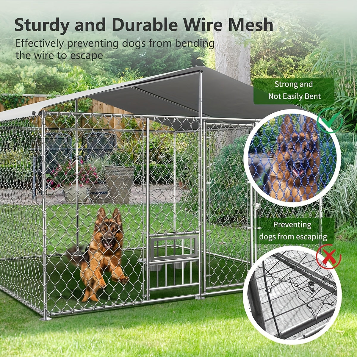 Durable Outdoor Dog Kennel with UV-Resistant Roof and Feeding Bowls