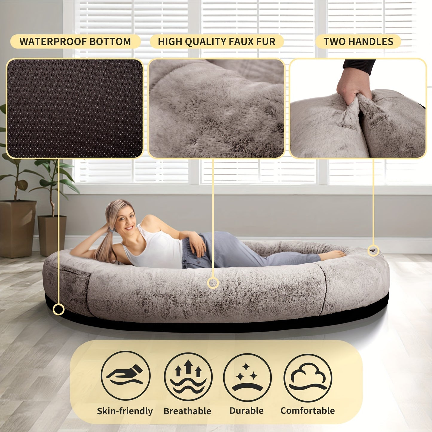 Cozy Human-Sized Dog Bed For All Breeds 71x45 Faux Fur Orthopedic Nap Bed