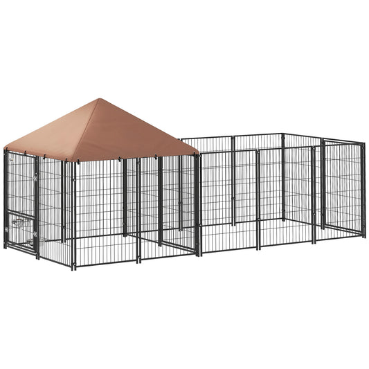 Large Outdoor Dog Kennel with Adjustable Bowls and Canopy